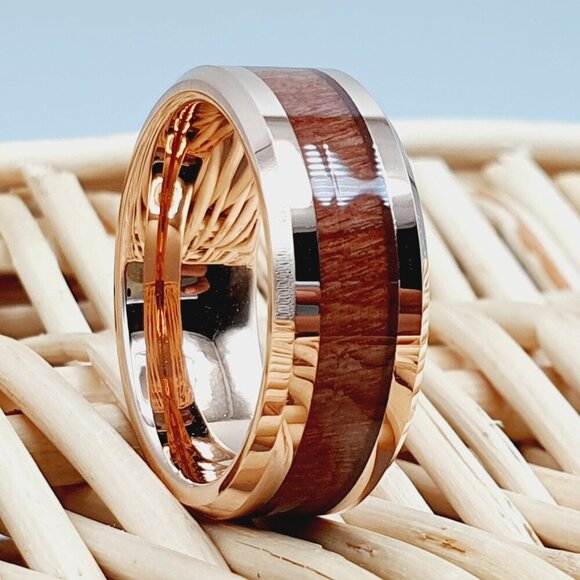Lata Inlaid Rings Jewelry | Hawaiian Koa Wood Inlay Ring Rose Gold Wedding Ring ...
